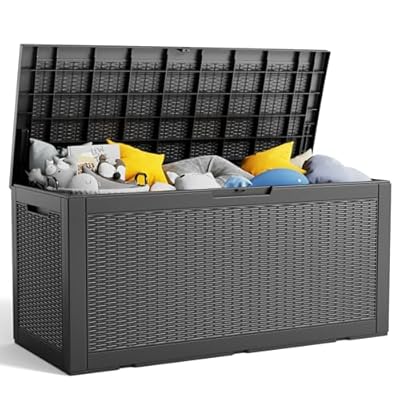 100 Gallon Resin Deck Box, Lockable Patio Outdoor Storage Box for Furniture, Garden Tools and Tools Storage, Waterproof Outside Storage Boxes - Black