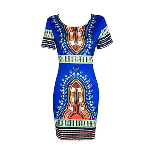 2018 New Femme été Chic Casual Mini Robe, Femmes Traditionnelles Africaines Imprimées 'Dashiki' Style Robe Moulante Robe à Manches Courtes Sexy Ba Zha Hei (L, Bleu)