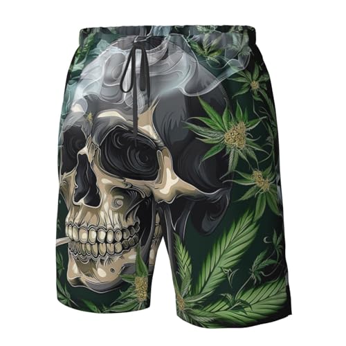 Skull Cannabis Leaf Psychedelic Marijuana Hippie Weed Men's Quick Dry Swim Shorts, Mesh Lined Beach Trunks with Pockets2