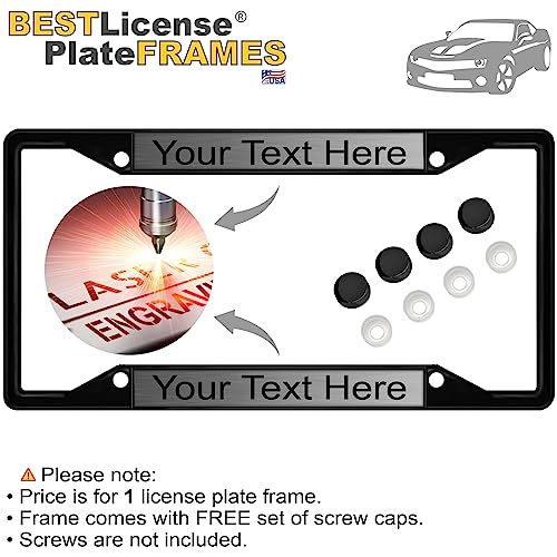 Image of Personalized with Custom Text Design - 4 Hole Black Metal Laser Engraved US Standard Size - Car License Plate Frame with Free caps - Steel /Black Text (Qty: 1 Frame)