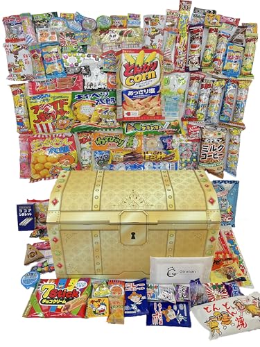 【駄菓子 詰め合わせ 100点セット】とんがりコーン入り|人気&懐かしお菓子+当店限定ウェットティッシュ付き|赤・金の宝箱パッケージ|子供会 景品 イベント ギフト (金色)