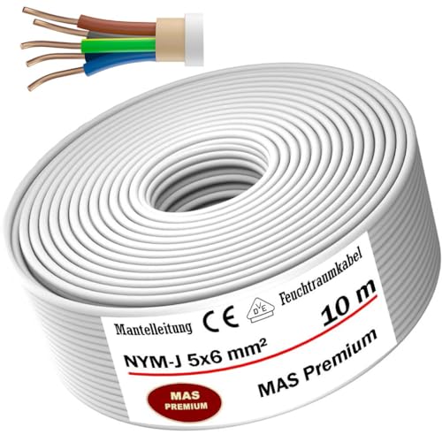 MAS Premium Feuchtraumkabel Stromkabel von 5m bis 50m Mantelleitung NYM-J 5x6 mm² Elektrokabel Ring für feste Verlegung (10m)