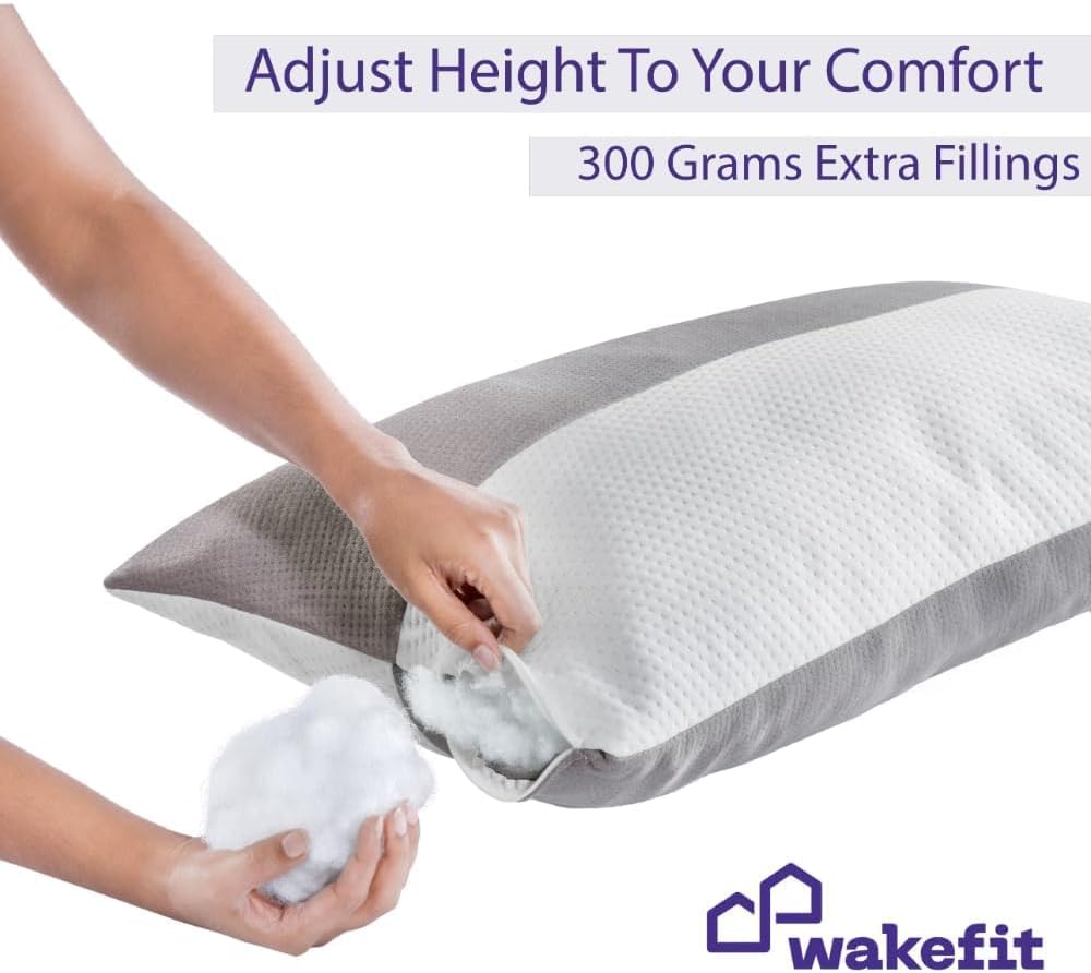 Wakefit Microfiber Height Adjustable Hollow Fibre Sleeping Pillow with Zip | Set of 2 (White and Grey, 27 X 16 Inches)