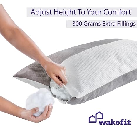 Wakefit Hollow Fiber Sleeping Pillow | Height Adjustable | Soft & Fluffy Comfort | White & Grey | 27 x 16 Inch | Set of 2 |Free Extra Fiber for Custom Comfort (300 Grams) - Image 4