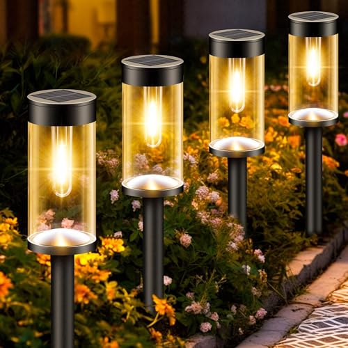 nipify Luci Solari da Giardino, 4 Pezzi Auto On/Off Lampade Solari da Giardino con Bianco Caldo LED Luci Solari Esterno Terra Decorazione IP65 Impermeabile per Cortile Patio Vialetto