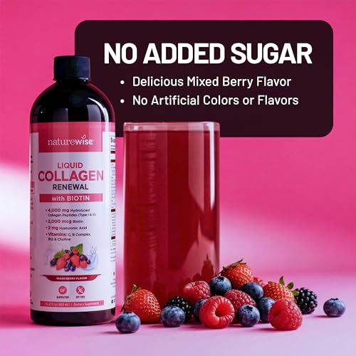 Image of NatureWise Hydrolyzed Liquid Collagen for Women & Men 4000mg - Multi Collagen Peptides + Biotin + Vitamin C + Vitamin B Complex & Hyaluronic Acid - Mixed Berry - 15.22 fl oz[45 Day Supply]