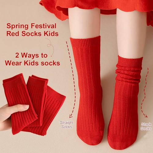 Socks for Kids Mid-Calf Red Solid Ribbed Cuffs Crew Socks Christmas or China New Year Festive Kids Socks 3 Pairs3
