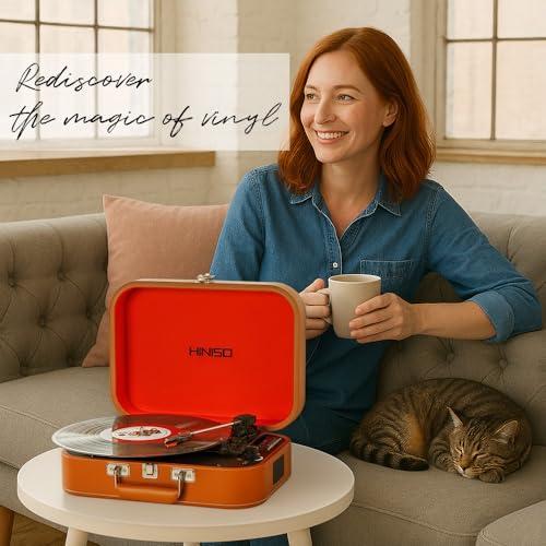 Image of Hiniso Bluetooth Vinyl Record Player with 2-Way Bluetooth (Input & Output) & USB Recording | Vintage 3-Speed Turntable with Built-in Speakers | Convert Vinyl to MP3 | New T416 Design