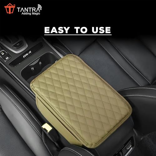 Image of TANTRA Car Armrest Cover Cushion with 2 Storage Bags - Soft, Comfortable, Non-Slip Protector for Vehicle Center Console - Waterproof, Durable, and Stylish (Beige)