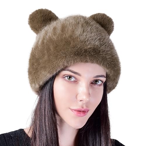Faux Fur Bucket Hat Fuzzy Bear Winter Fisherman Hat Plush Warm Animal Beanie for Women Girls Brown