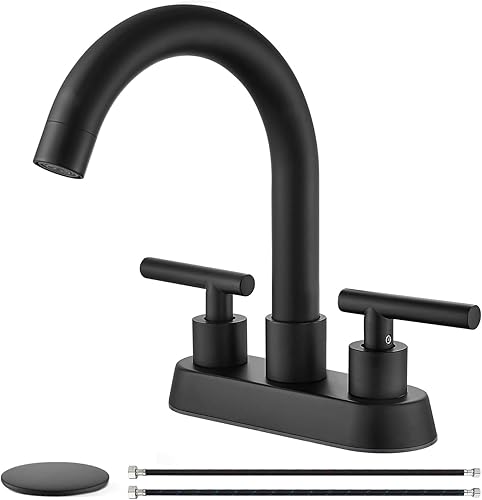 Cinwiny SUS304 - Grifo de lavabo central de 4 pulgadas, color negro mate, grifo mezclador de montaje en cubierta con desagüe emergente, grifos de
