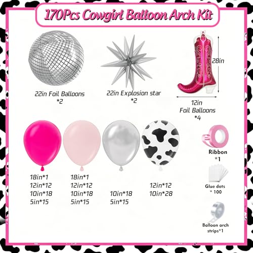 Image of Cowgirl Garland Arch Kit 170Pcs with BONUS Boot Balloons, Cowgirl Party Decorations for Disco Cow Girl Birthday Party Decorations Last Rodeo Bachelorette Decoration Western Birthday Decor