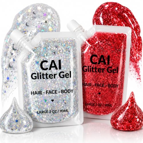CAI Beauty Holographic Silver & Red Glitter Gel Vegan Cruelty Free Face Body & Hair Glitter for Women Kids 3 Oz Each Cosmetic Grade No Mess Non-Toxic Easy Apply & Wash Off Concerts Holidays 2 Pack