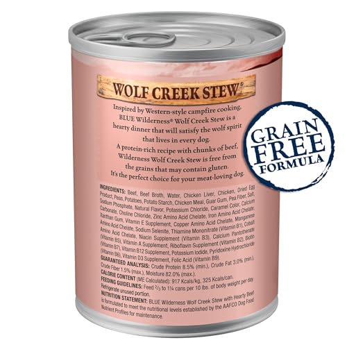 Blue Buffalo Wilderness Wolf Creek Stew Wet Dog Food, High-Protein & Grain-Free, Made with Natural Ingredients, Hearty Beef in Gravy, 12.5-oz. Cans (12 Count)