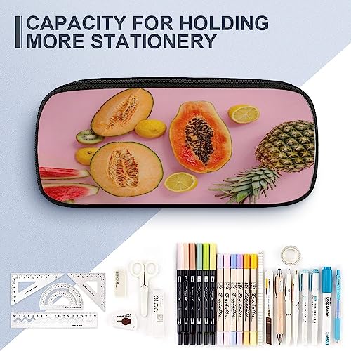 Fionel Several-Different-Fruits Pu Leather Quad Pen Case Zipper Pencil Pouch Holder For Pens Case Office Storage Box Organizer Pen Bag(8×1.5×3.5 In) #TOP3