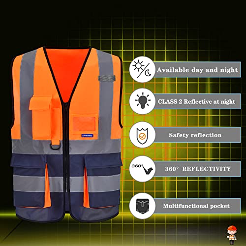 Image of Hi-Vis Safety Vest with 7 Pockets, Front Zipper, Orange /Navy, 2XL | Orange /Navy 2XL fabric work vest with reinforced pockets, clear ID holder and mic tabs for utility work; unisex workwear.