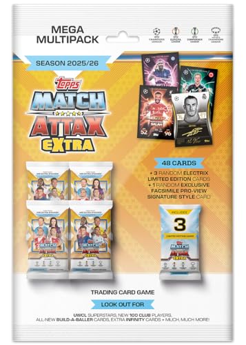Topps UCC Match Attax Extra 2026 - Mega Multipack - enthält 48 Karten sowie 3 zufällige Electrix-LE-Karten und eine zufällige Facsimile Pro-View Signature-Style-Karte.
