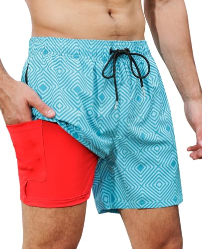Suwangi Hombres Pantalones de Cortos de Natación 2 en 1 Secado Rápido Bañadores Traje de Baño Bañador Surf Playa con Bolsillo Cremallera