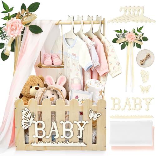 KYNUG Wooden Baby Shower Crate Closet With Hanger Rack Wooden Baskets for Baby Shower With Handle Girl Welcome Box Personalized Baby Gifts Crates - Easy Assembly (Girl)