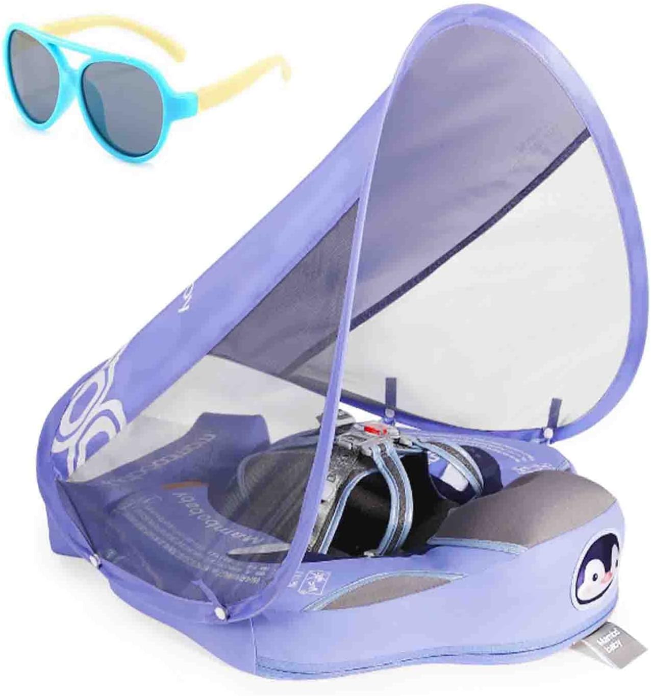 Baby Floats for Pool with Canopy Removable UPF 50+ UV Sun Protection Canopy，Mambobaby Infant Pool Float Non Inflatable Soft Skin-Friendly Leather Material Infant Swim Float 3-24 Months