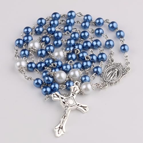 Catholic Town 6mm Glass Pearl Beads with 8mm Our Father Beads with Caps Rosary Pack in Miraculous Metal Gift Box (Available in Blue and Pink colors)3