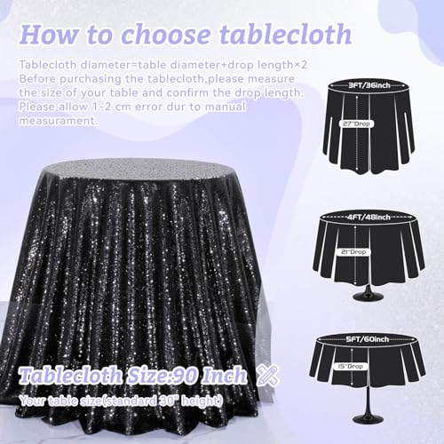 Image of B-COOL Black Tablecloth Round Party Decorations: 90 Inch Tablecloth Sequin Overlay Glitter Fabric for Indoor and Outdoor Gathering Parties