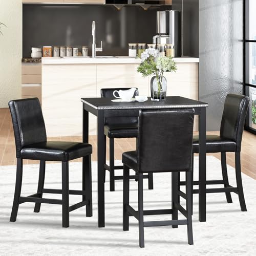 Image of KEIKI 5-Piece Counter Height Dining Table Set with Square Table and 4 Upholstered Chair, for 4 Person, Classic Style Crystal Decoration Wooden Table Set, Easy Assembly, for Kitchen, Dining Room, Black