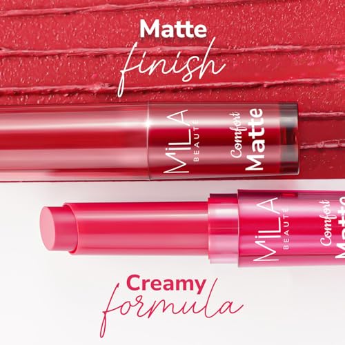 Image of Mila Beaute Creamy Comfort Matte Long-Lasting Lipstick for Women | Highly Pigmented & Hydrating Lipstick with Jojoba | Single Swipe Application | Suitable for Indian Skin Tones - DEEP WINE