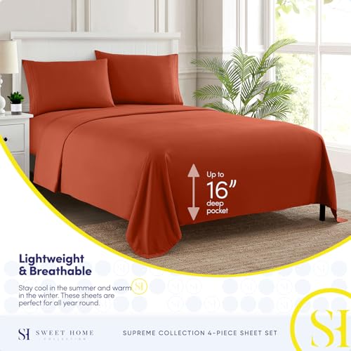 Image of Full Size Sheet Sets - Breathable Luxury Sheets with Full Elastic & Secure Corner Straps Built In - 1800 Supreme Collection Extra Soft Deep Pocket Bedding Set, Sheet Set, Full, Rust