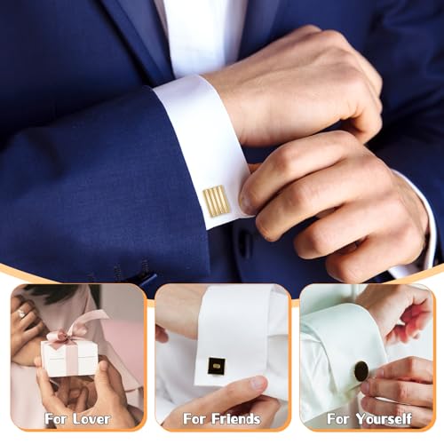 4 Pairs Cufflinks for Men Classic Tone Cuff Links Fashion Men Cufflinks Gold Striped Disc Square Rectangle Cuff Links for Business Wedding Party Gift Box3