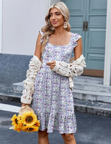 Image of Zeagoo Womens Summer Dress Casual Ruffle Tiered Floral Square Neck Sundresses Beach Boho Mini A-line Dress 2026 with Pockets
