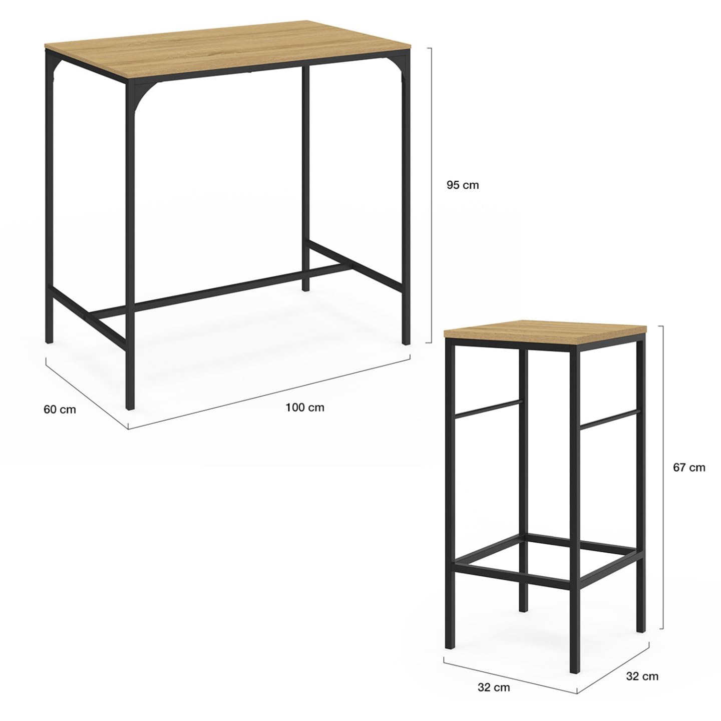 IDMarket - Ensemble Table Haute de Bar Detroit 100 cm et 4 tabourets Bois et métal Noir Design Industriel