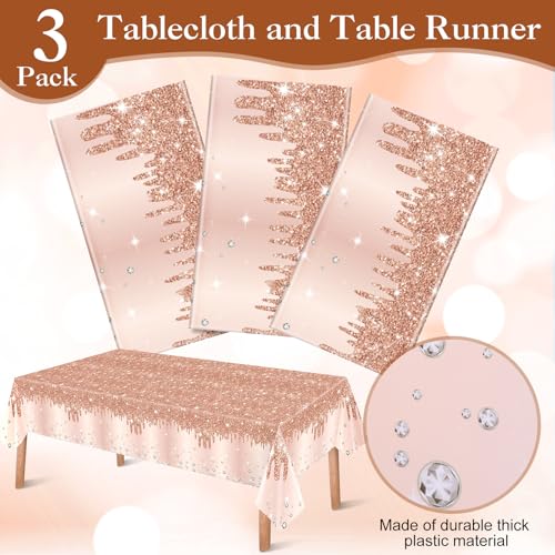 Image of Ganeen 3 Pcs Rose Gold Tablecloths Glitter Diamond Disposable Plastic Table Cover Sequin Printed Rectangle Tablecloths for Girl Women Birthday Wedding Party Decor Supplies, 54 x 108 Inch