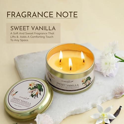 Image of Aromahpure Vanilla 3 Wick Candle in Container with Lid | 85g | Burn Time 7 Hours | Scented Candle | Relaxing Aromatherapy Candles for Home Decor, Gifting, Bedroom & Spa