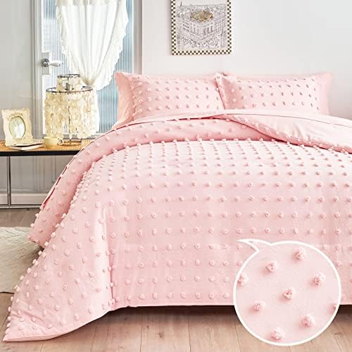 Tufted Dots Bed in a Bag Girls Pink 6 Pieces Twin Size, Soft and Embroidery Shabby Chic Boho Comforter Set, Luxury Solid Color Comforter with Pom Pom Design, Jacquard Tufts Bedding Set for Kids