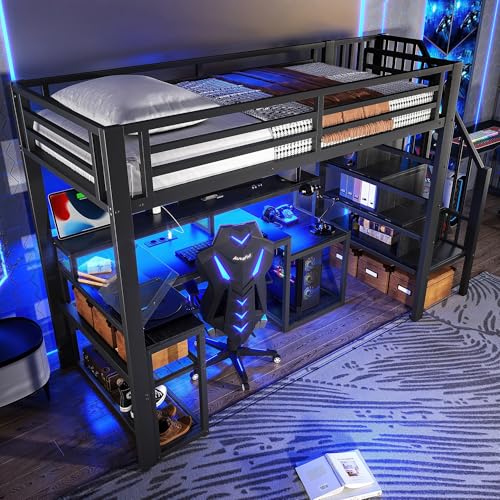 Cama alta con escritorio que soluciona dormitorios pequeños con luces LED 5