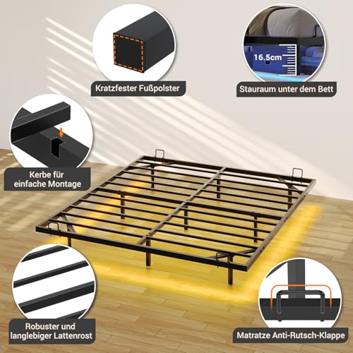 DICTAC Bett 160x200 mit LED Beleuchtung Bettgestell 160x200 mit Lattenrost aus Metall Metallbett Floating Bed Frame Gästebett Jugendbett mit Licht-Robust und Stabil, Leichte Montage,Schwarzer