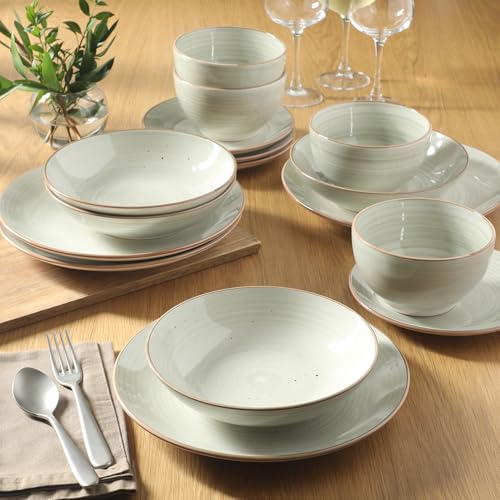 Image of Gibson Home Stonebury 16 Piece Plates and Bowls Cream Grey Dishes - Handpainted Stoneware Dinnerware Set - Service for 4