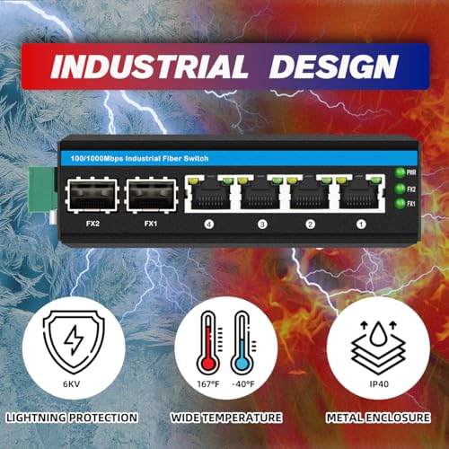 Image of 6-Port Hardened Industrial Gigabit PoE+ DIN-Rail Fiber Network Switch 4 x Gigabit PoE+ Ports 2 x 1.25G SFP Fiber Ports 120W for Outdoor Use