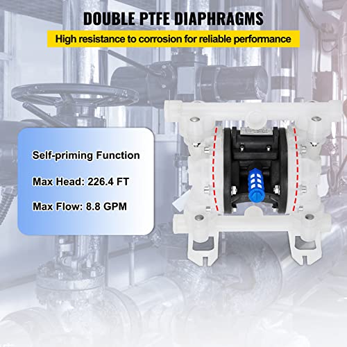 Image of VEVOR Air-Operated Double Diaphragm Pump, 1 /2 in Inlet & Outlet, Polypropylene Body, 8.8 GPM & Max 120PSI, PTFE Diaphragm Pneumatic Transfer Pump for Petroleum, Diesel, Oil & Low Viscosity Fluids