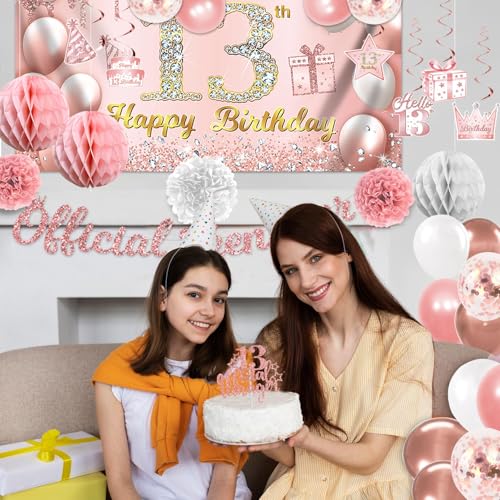 Image of 13th Birthday Decorations for Girls, 13 Birthday Girl Decorations include Official Teenager Decorations Banner, Backdrop, Hanging Swirls, Balloons, Paper Pompoms, Crown And Sash