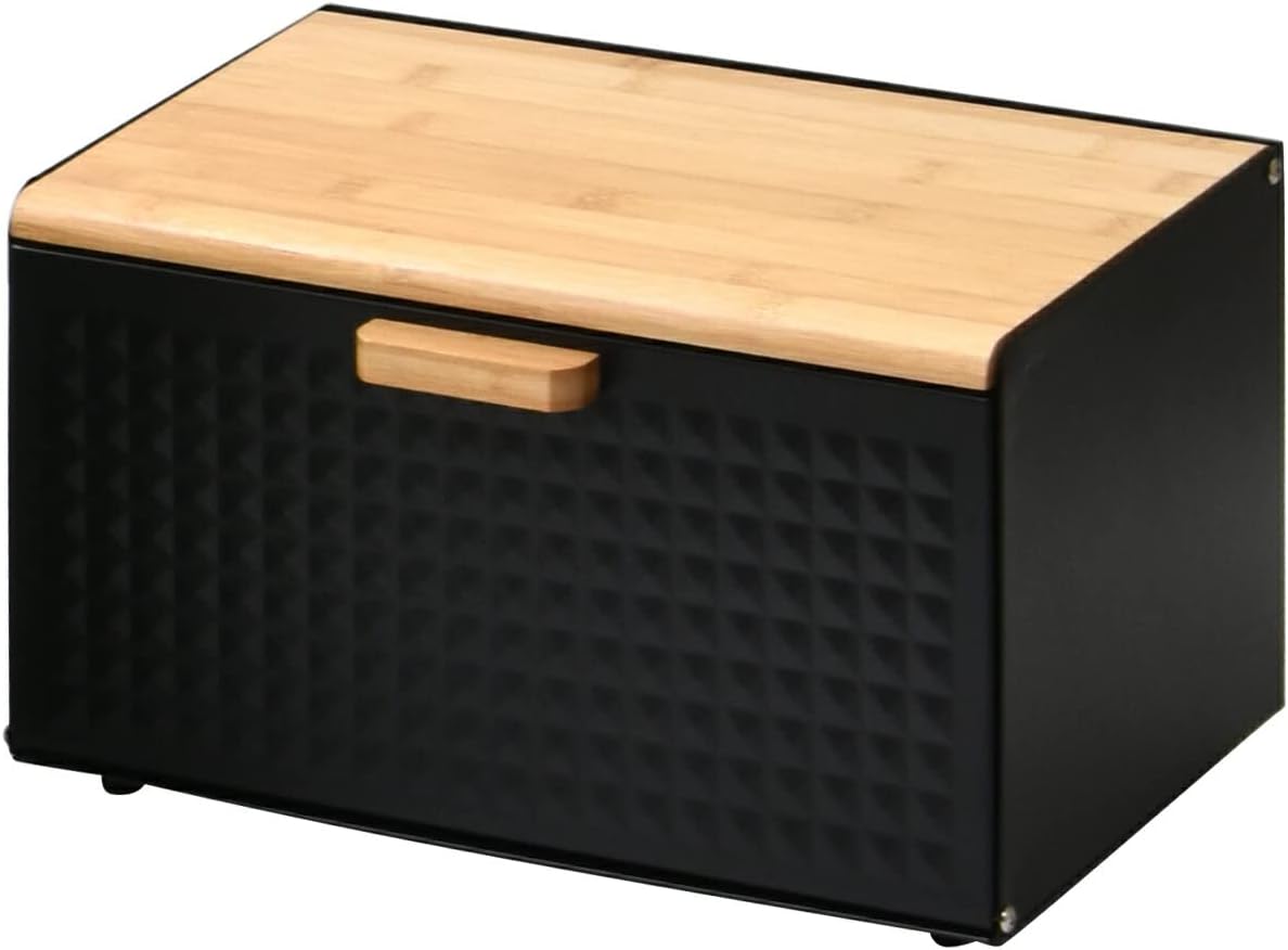 FunFun ブレッドケース ブラック スクエアタイプ キッチン収納 パンケース 木製 北欧 上開き 前開き 両開き