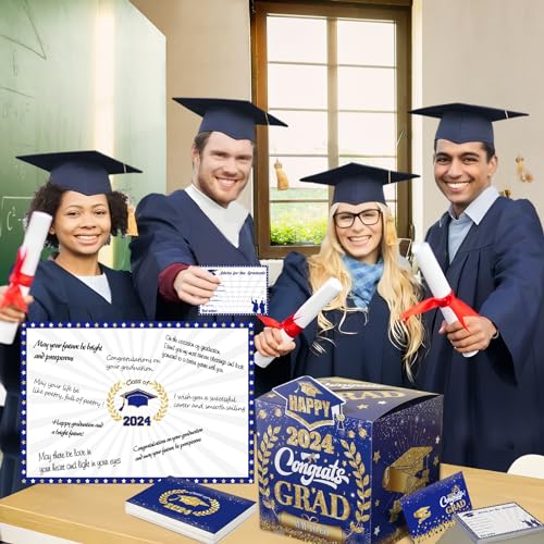 Class of 2024 Graduation Cards Box with 36PCS Graduation Advice Cards Giant Guest Book Signature Board Blue Gold Class of 2024 High School College Graduate Congrats Grad Party Decor