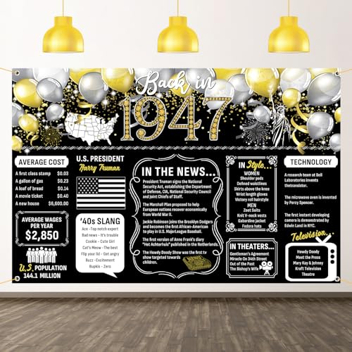 Dill-Dall Back in 1947 Backdrop Large Banner, Happy 79th Birthday Anniversary Class Reunion Cheers to 79 Years, Party Poster Hanging Sign Decorations Supplies Photography Background for Men Women