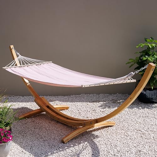 Image of Primrose Garden Hammock Blush Pink Cotton Blend with Free Standing Wooden Pine Stand and Spreader Bar