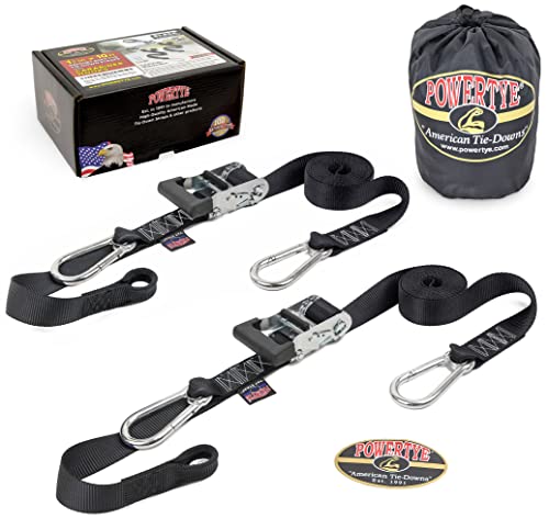 Image of PowerTye 1.5 inch x 10ft Extra Long Ratchet Tie Down Straps, Heavy Duty with Carabiner Hooks, Soft-Tye & Bag, for Motorcycle, ATV & Cargo - 1,000 lb WLL - Made in USA - Black /Black Pair