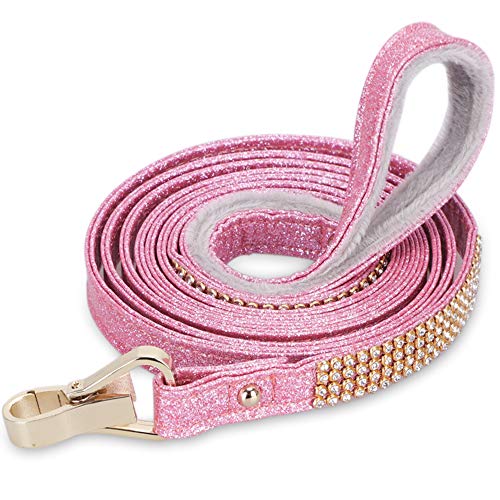 PetsHome Dog Leash, Pet Leash, [Bling Rhinestones] Premium PU Leather Durable and Soft 5 FT Leash for Control Safety Training, Walking Lead for Small to Medium Dogs Pink