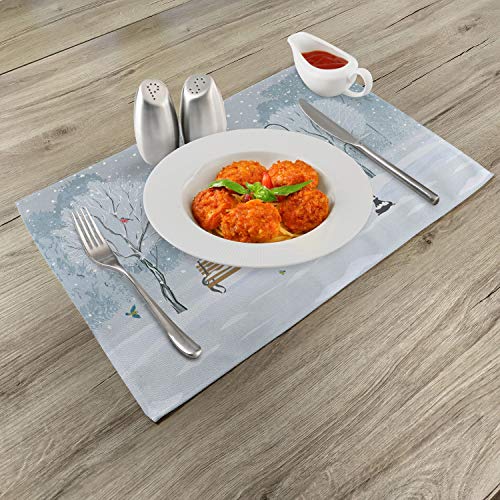 Ambesonne Christmas Place Mats Set Of 4, Snow Falling In The Park On A Cold Winter Day Birds Lanterns Xmas Season Picture, Washable Fabric Placemats For Dining Table, Standard Size, Pale Blue Grey #TOP1