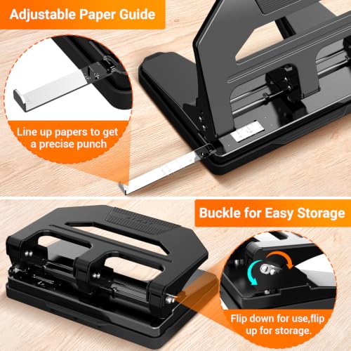 Image of AFMAT Heavy Duty 3 Hole Puncher, 50-Sheet Paper Punch Heavy Duty, 50% Reduced Effort Three Hole Punch, 10K+ Uses, Metal Hole Puncher 3 Ring w /Large Tray, Bulit-in S.S. Paper Guide HPX4(Black)