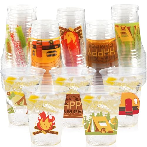 CUPLOOV Camping Party Decorations Cups, 50 Pcs 12Oz Bulk Disposable Drinking Camping Theme Plastic Cups for BBQ Coffee Tea Beverage Backyard Birthday Shower Wedding Christmas Party Decorations Favors